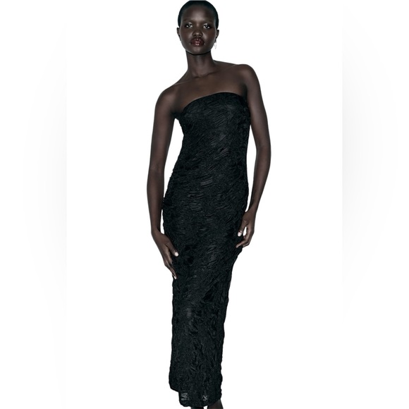 ZARA NWT Woman Black Strapless Printed Lace Fitted MIDI Tube Bodycon Dress - Picture 2 of 11
